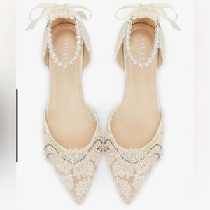Kailee P Ivory Lace Pointed Pearl-Ankle Flats